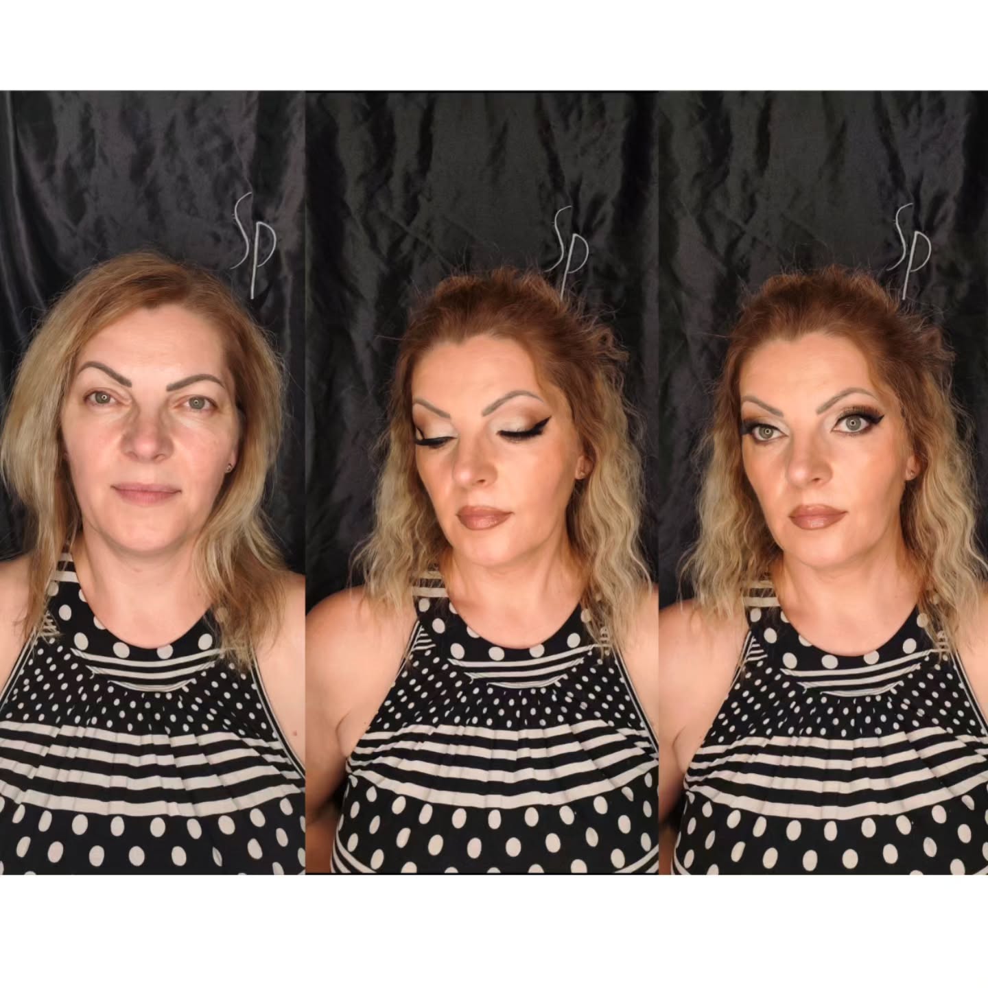 Make-up-Verwandlung in mehreren Schritten von ungeschminkt zu vollem Glam