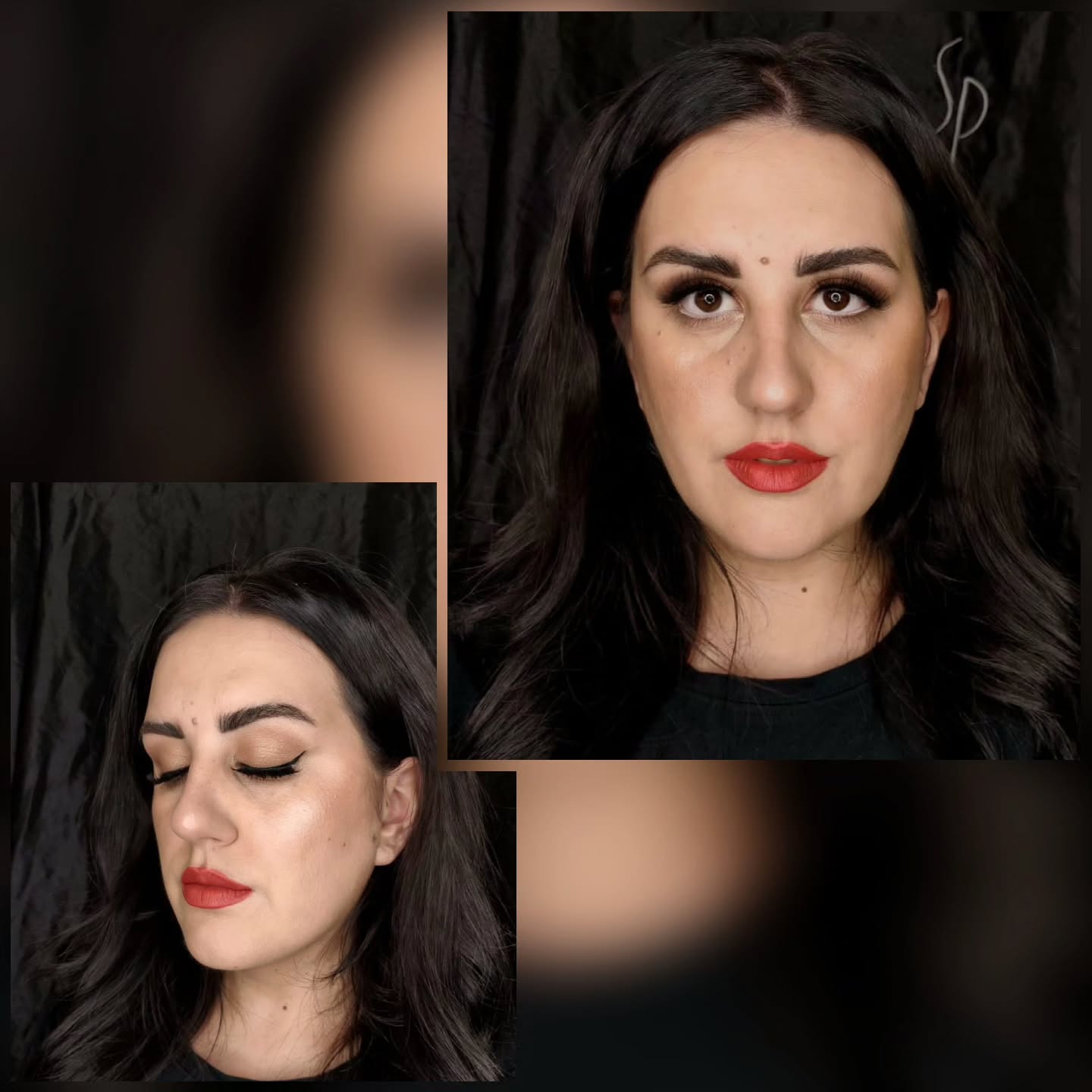 Glam-Make-up mit warmem Lidschatten und klassisch rotem Lippenstift