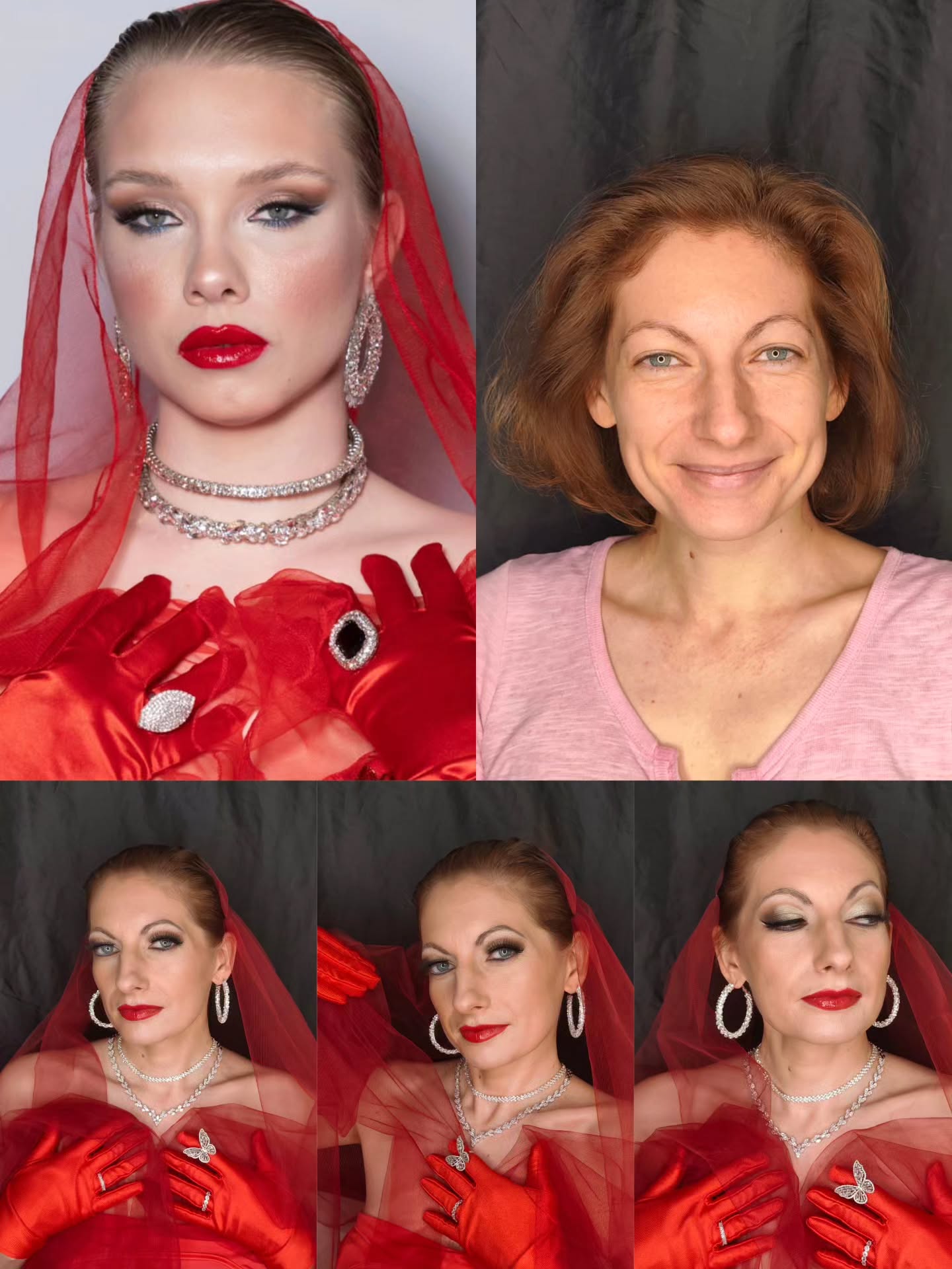 Editorial-Glam-Look mit roten Akzenten und rauchigem Augen-Make-up