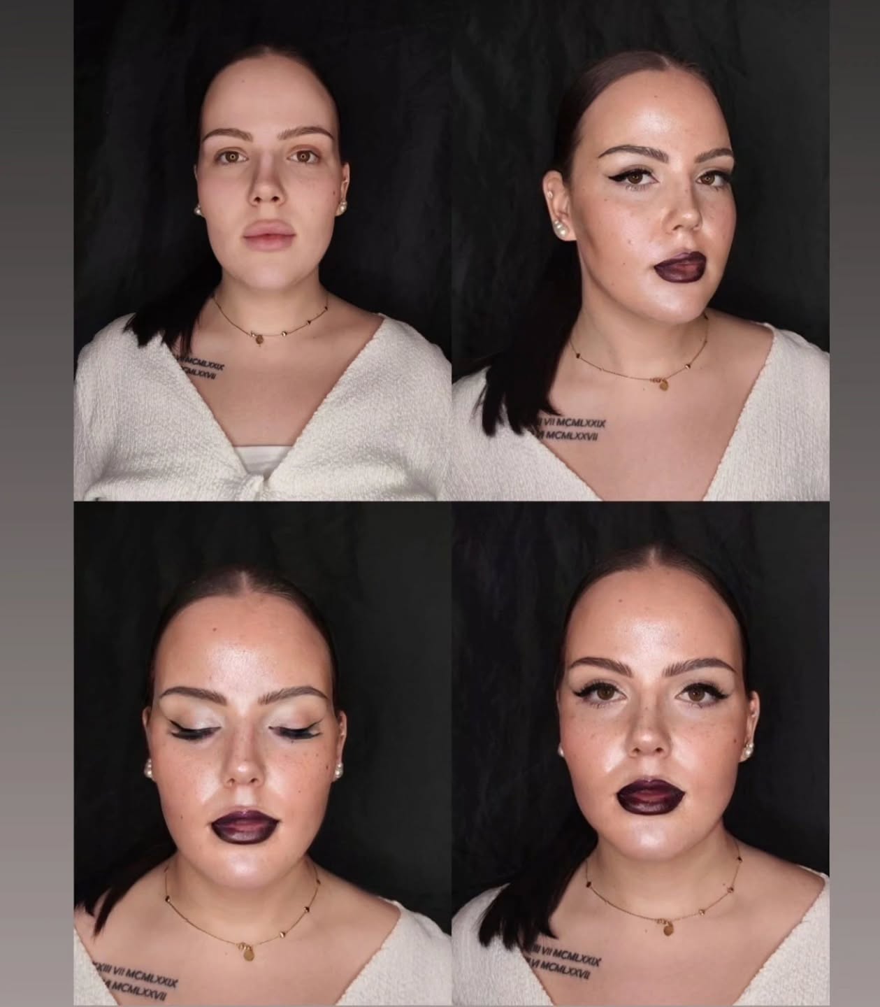 Make-up-Verwandlung zu dramatischem Look mit dunklem, vampigem Lippenstift